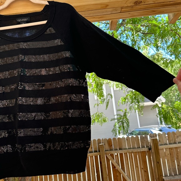 Banana Republic Sequined Striped Merino Wool 3/4 Sleeve Black Sweater Medium - Picture 5 of 16